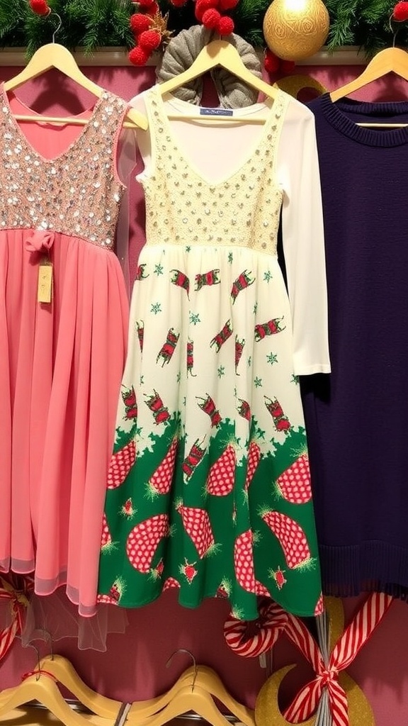 A collection of stylish Christmas dresses for teens displayed with holiday decorations.